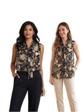 HIGHLINE COLLECTIVE Botanical and Bird Print Tie Neck Sleeveless Blouse Sz XL